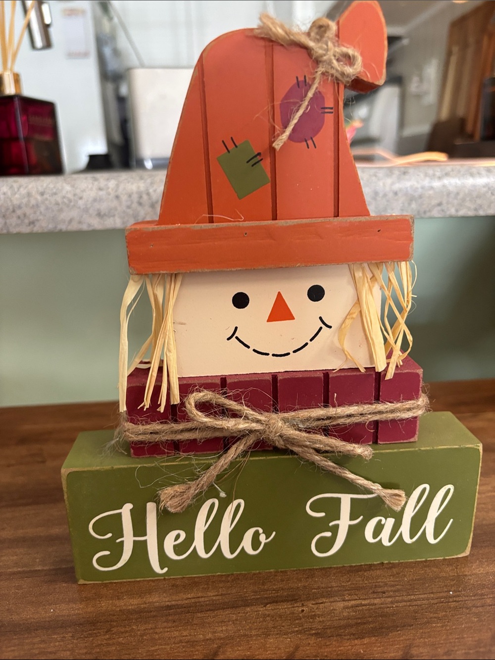Hello Fall Wooden Scarecrow Stackable Décor - Orange, Green, Burgundy